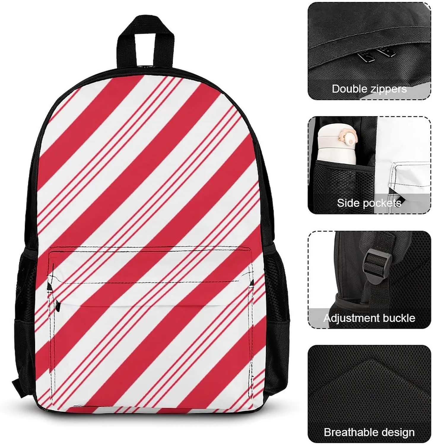 Candy Cane Red Stripes Christmas Lightweight Pocket Backpack Crossbody Lunch Bag Set Unisex