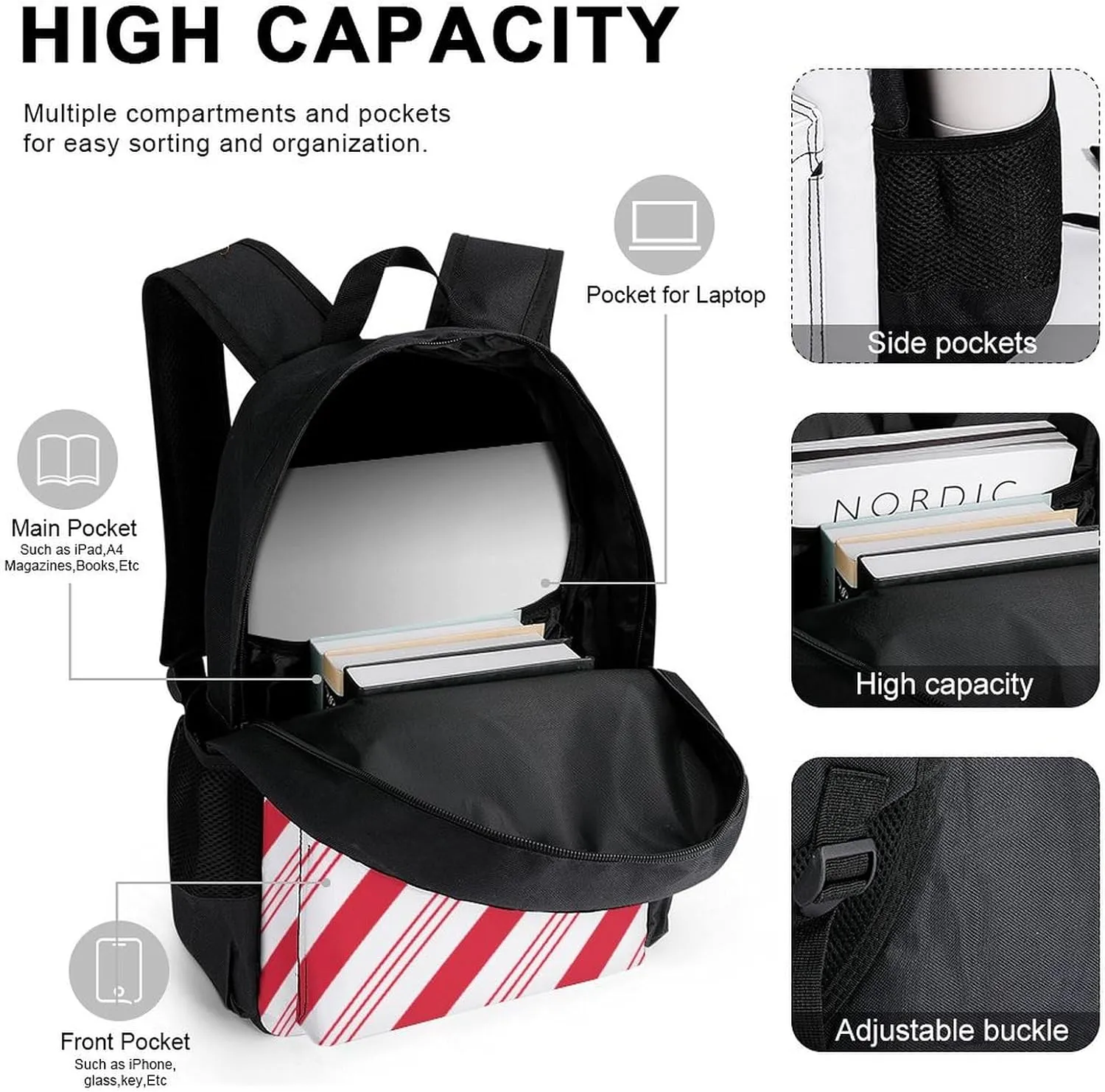 Candy Cane Red Stripes Christmas Lightweight Pocket Backpack Crossbody Lunch Bag Set Unisex
