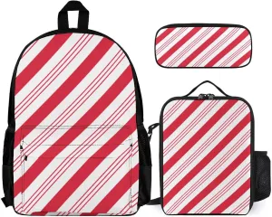 Candy Cane Red Stripes Christmas Lightweight Pocket Backpack Crossbody Lunch Bag Set Unisex