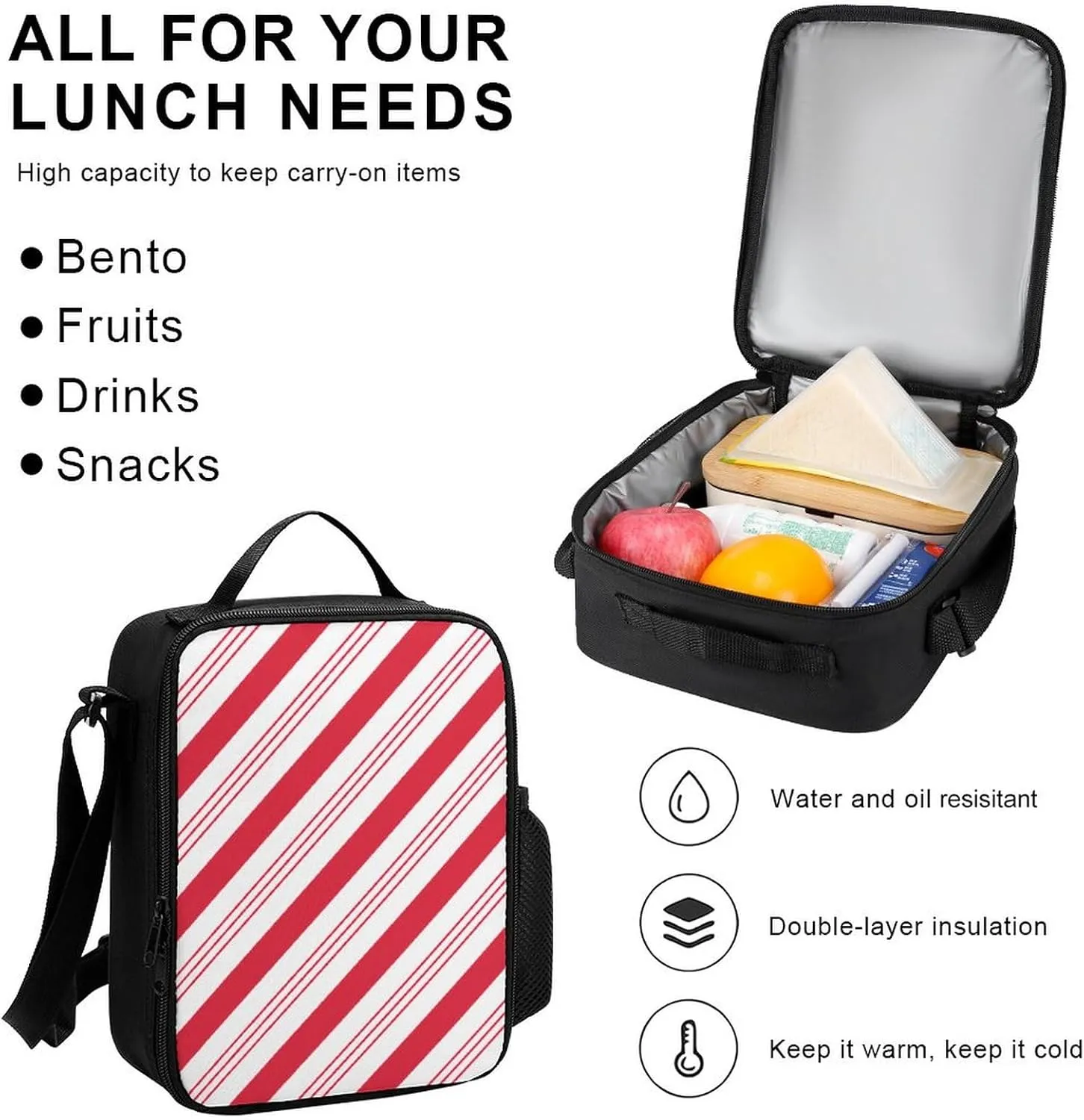 Candy Cane Red Stripes Christmas Lightweight Pocket Backpack Crossbody Lunch Bag Set Unisex
