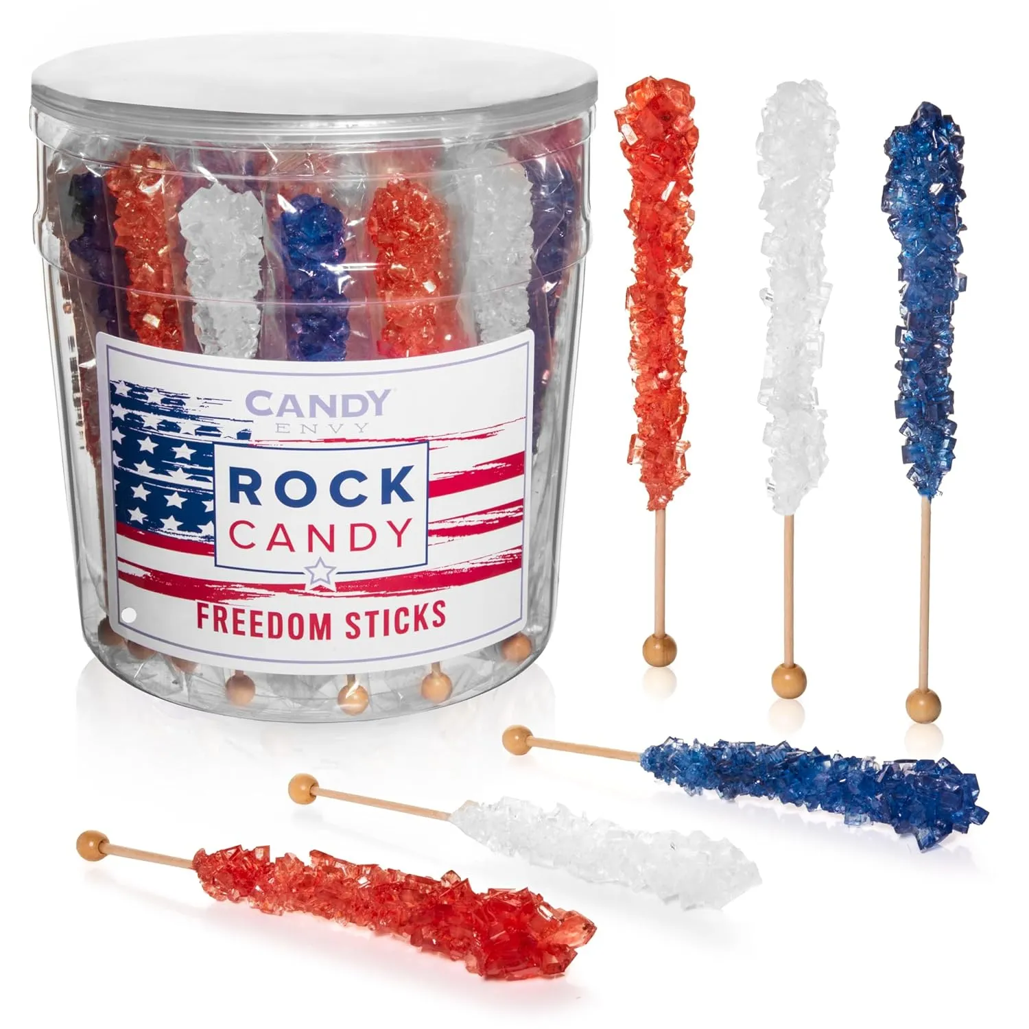 Candy Envy - USA Freedom Rock Candy Sugar Sticks - 36CT. Indiv. Wrapped - Red, White, & Navy Blue