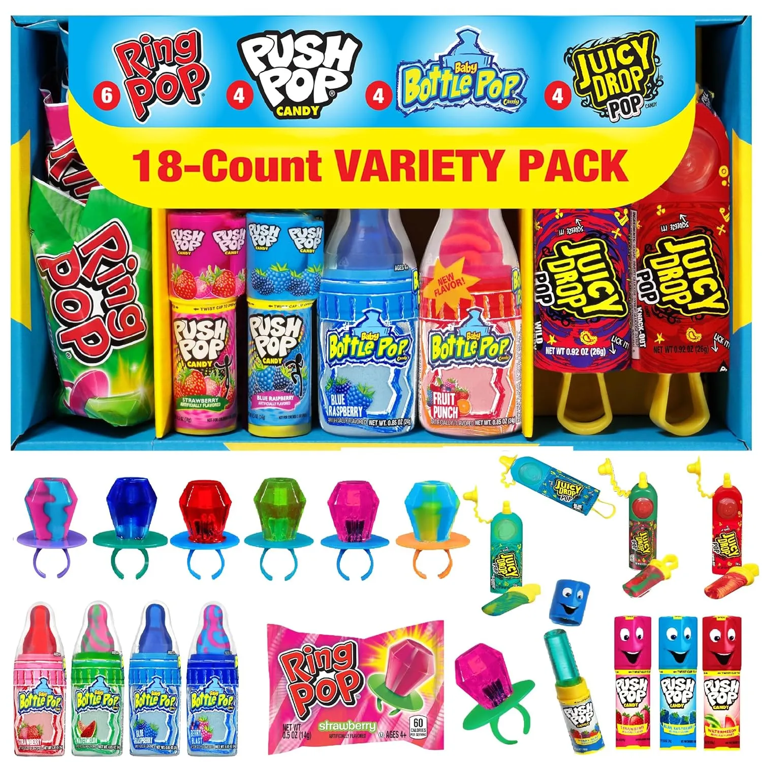 Candy Variety Pack - 18 Count Assorted Lollipops - Ring Pop, Push Pop, Baby Bottle Pop & Juicy Drop - Ideal for Birthdays, Party Favors, Celebrations & Candy Gifts by Bazooka Candy Brands