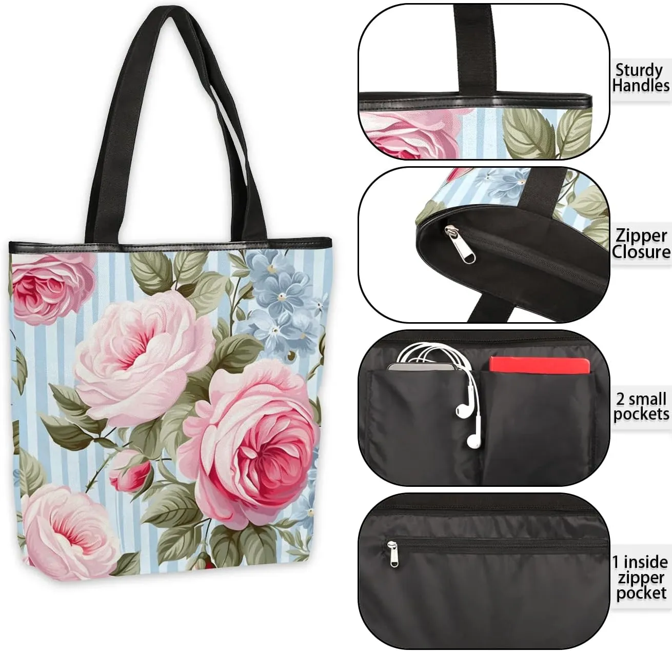 Canvas Tote Bag for Women Reusable Grocery Shopping Bag with Zipper Women Gift
