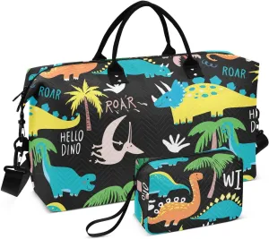 Cartoon Dinosaur Palm Black Sports Gym Bag for Women Men Travel Duffel Bag Weekend Overnight Carry on Bag with Toiletry Bag Training Handbag for Plane Hospital Swimming Yoga Workout