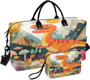 Cartoon Dinosaur Plants Orange Sports Gym Bag for Women Men Travel Duffel Bag Weekend Overnight Carry on Bag with Toiletry Bag for Workout Swimming Yoga Plane