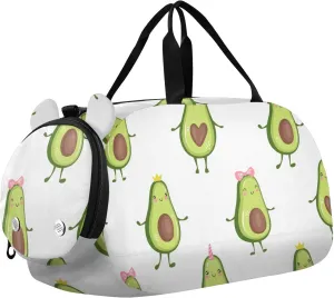 Cartoon Funny Avocado Background Gym Travel Duffel Bag with Shoe Compartment for Boys Girls - Gymnastics Sports Dance Football Travel Bag Teens Weekender Sleepover