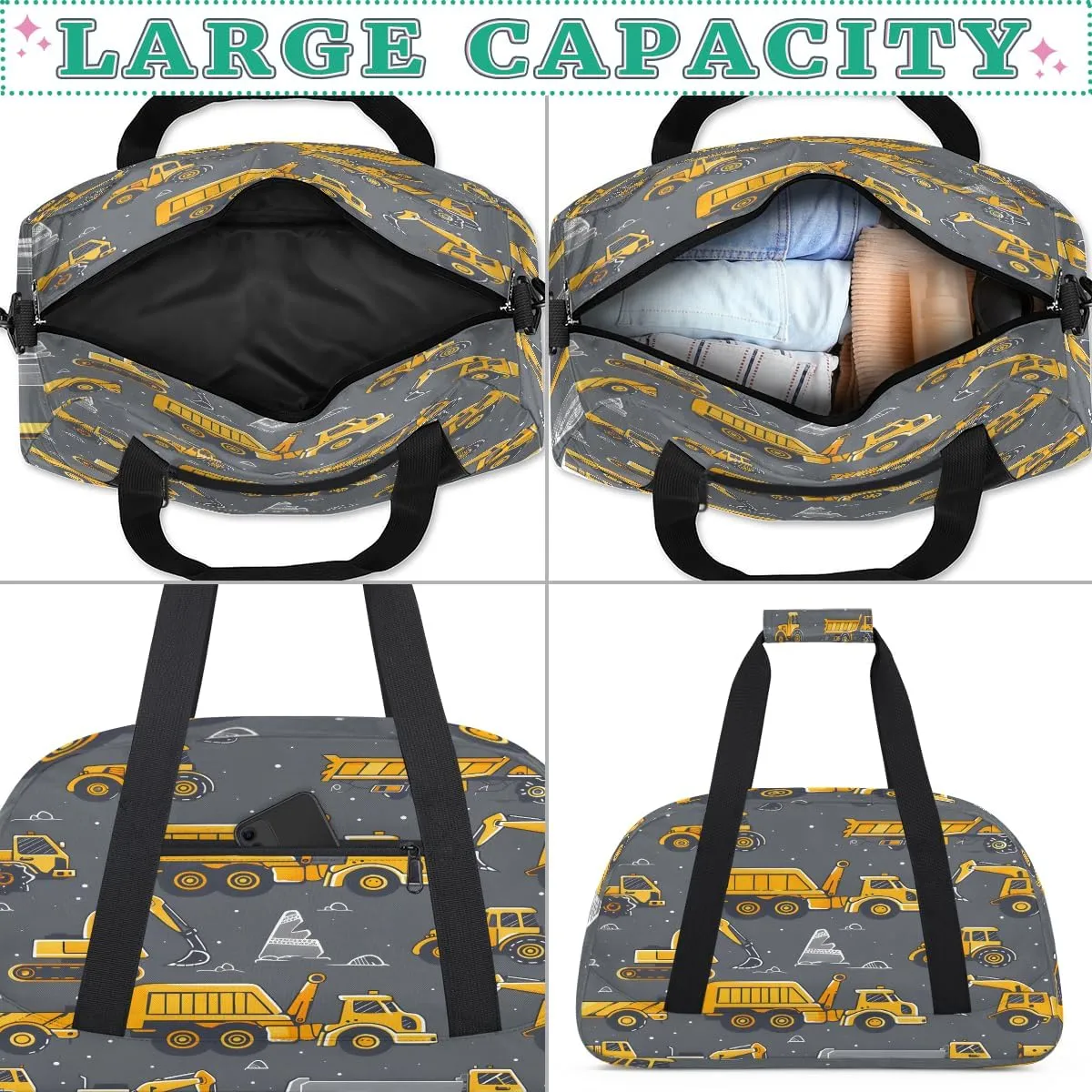 Cartoon Truck Kids Overnighter Duffel Bags for Boys, Carry-On Size Sports Gym Bag with Front Zipper Pocket for School Practice or Overnight Travel Weekender Sleepover Tote Bag