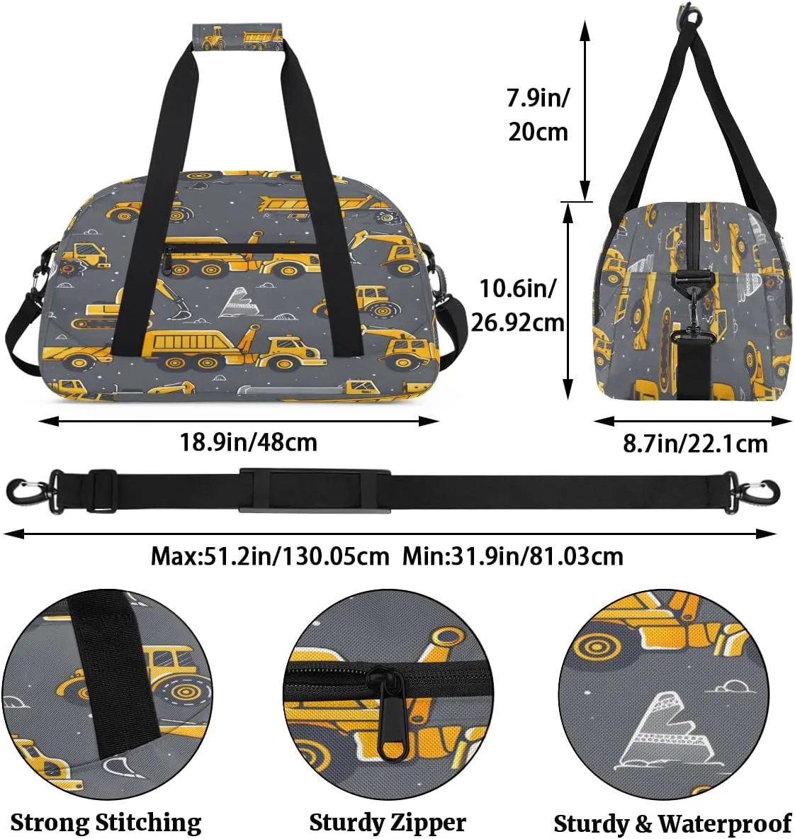 Cartoon Truck Kids Overnighter Duffel Bags for Boys, Carry-On Size Sports Gym Bag with Front Zipper Pocket for School Practice or Overnight Travel Weekender Sleepover Tote Bag