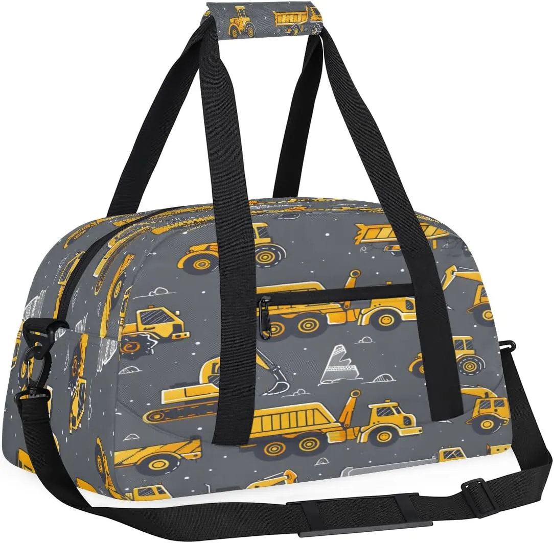 Cartoon Truck Kids Overnighter Duffel Bags for Boys, Carry-On Size Sports Gym Bag with Front Zipper Pocket for School Practice or Overnight Travel Weekender Sleepover Tote Bag