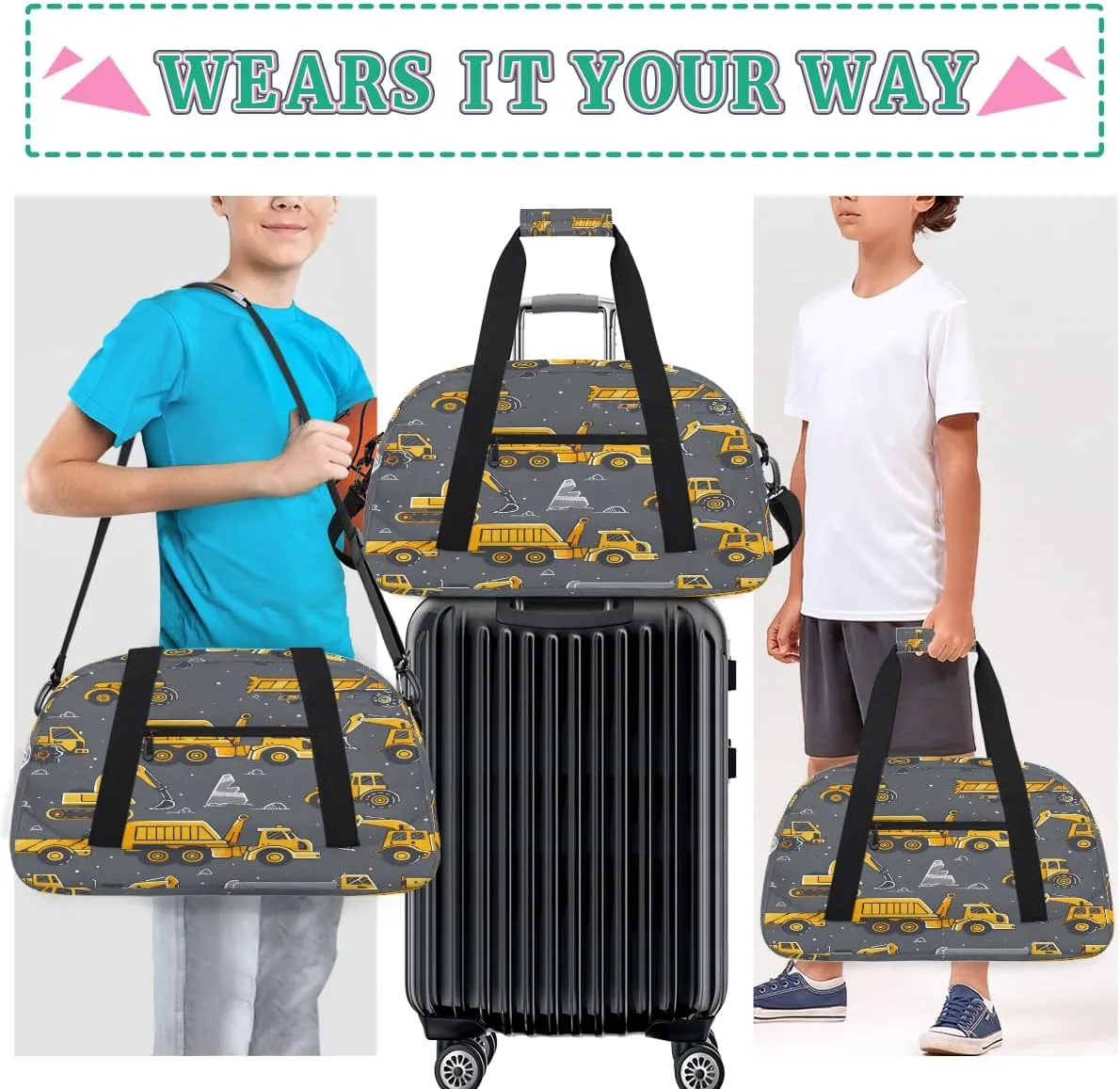 Cartoon Truck Kids Overnighter Duffel Bags for Boys, Carry-On Size Sports Gym Bag with Front Zipper Pocket for School Practice or Overnight Travel Weekender Sleepover Tote Bag