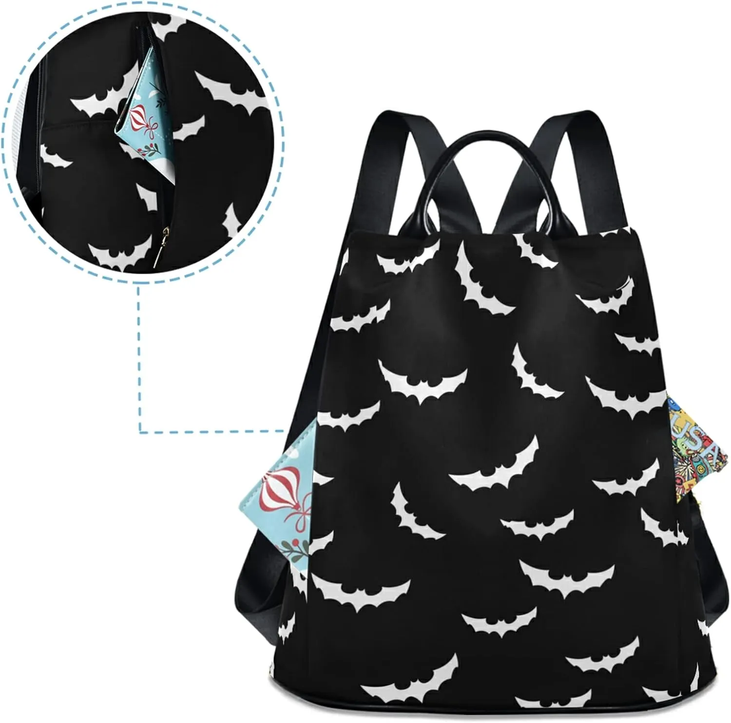 CBBYY Bats Halloween Backpack Purse for Women Nylon Anti-theft Travel Backpack Lightweight Shoulder Bag with Plush Ball Keychain
