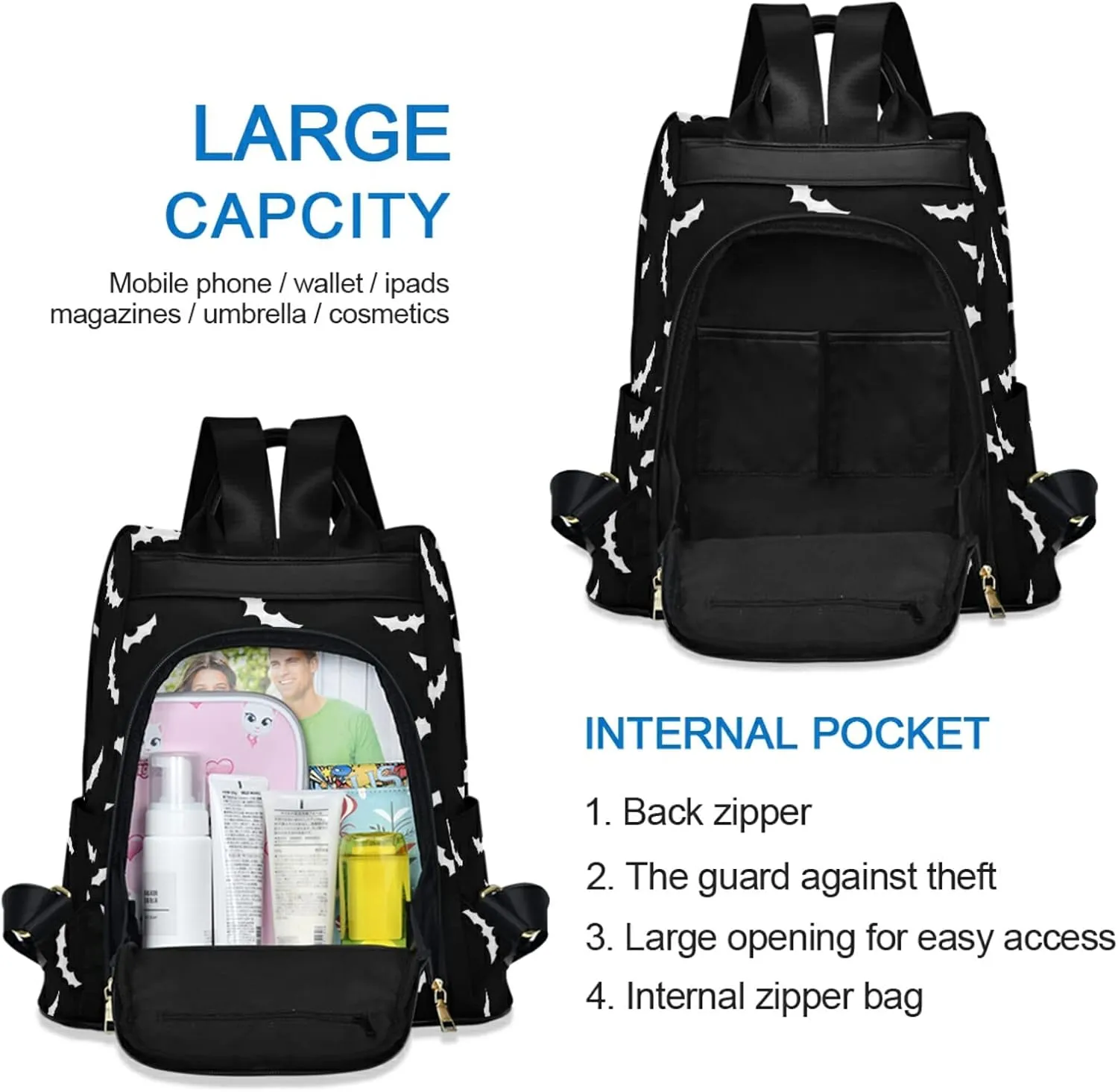 CBBYY Bats Halloween Backpack Purse for Women Nylon Anti-theft Travel Backpack Lightweight Shoulder Bag with Plush Ball Keychain