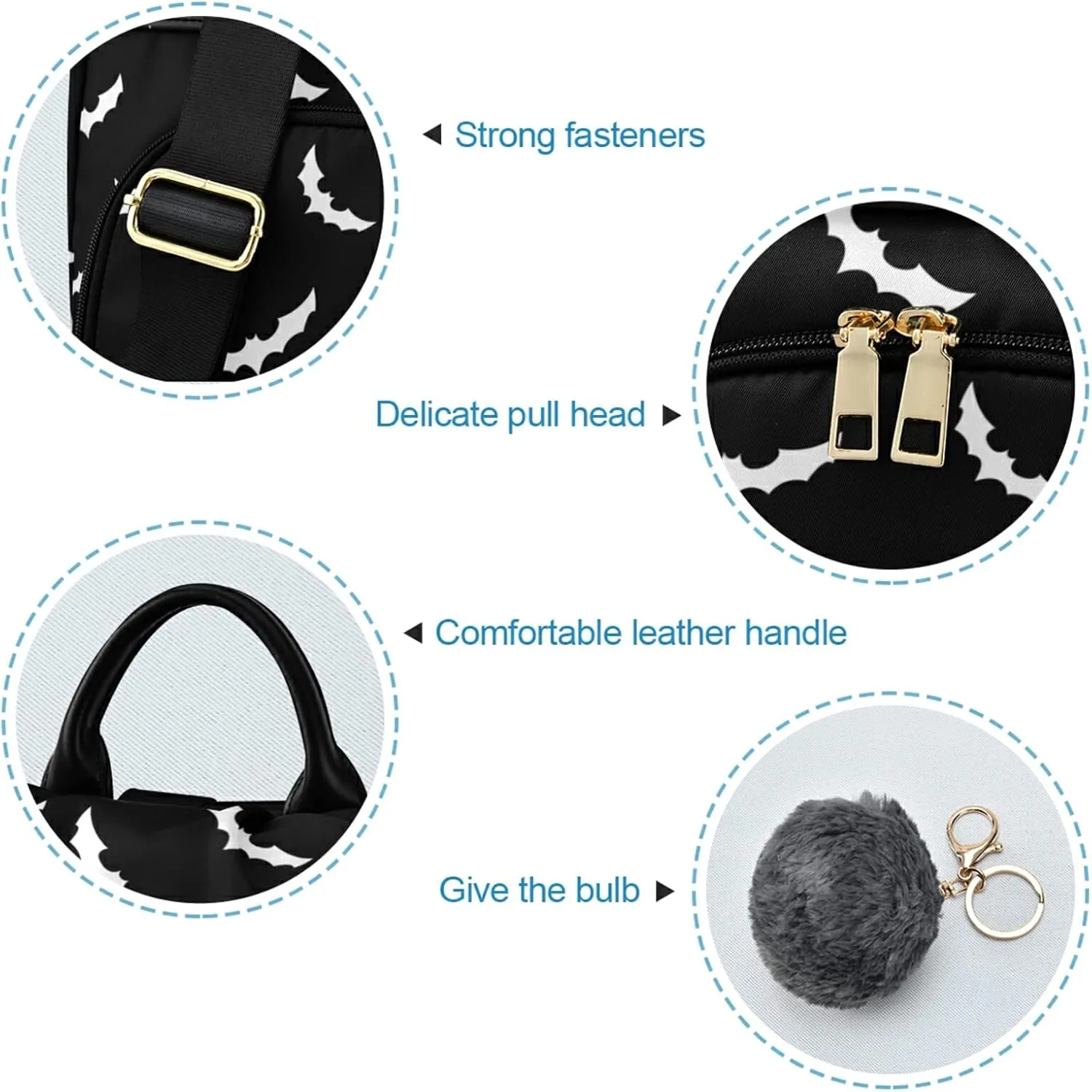 CBBYY Bats Halloween Backpack Purse for Women Nylon Anti-theft Travel Backpack Lightweight Shoulder Bag with Plush Ball Keychain