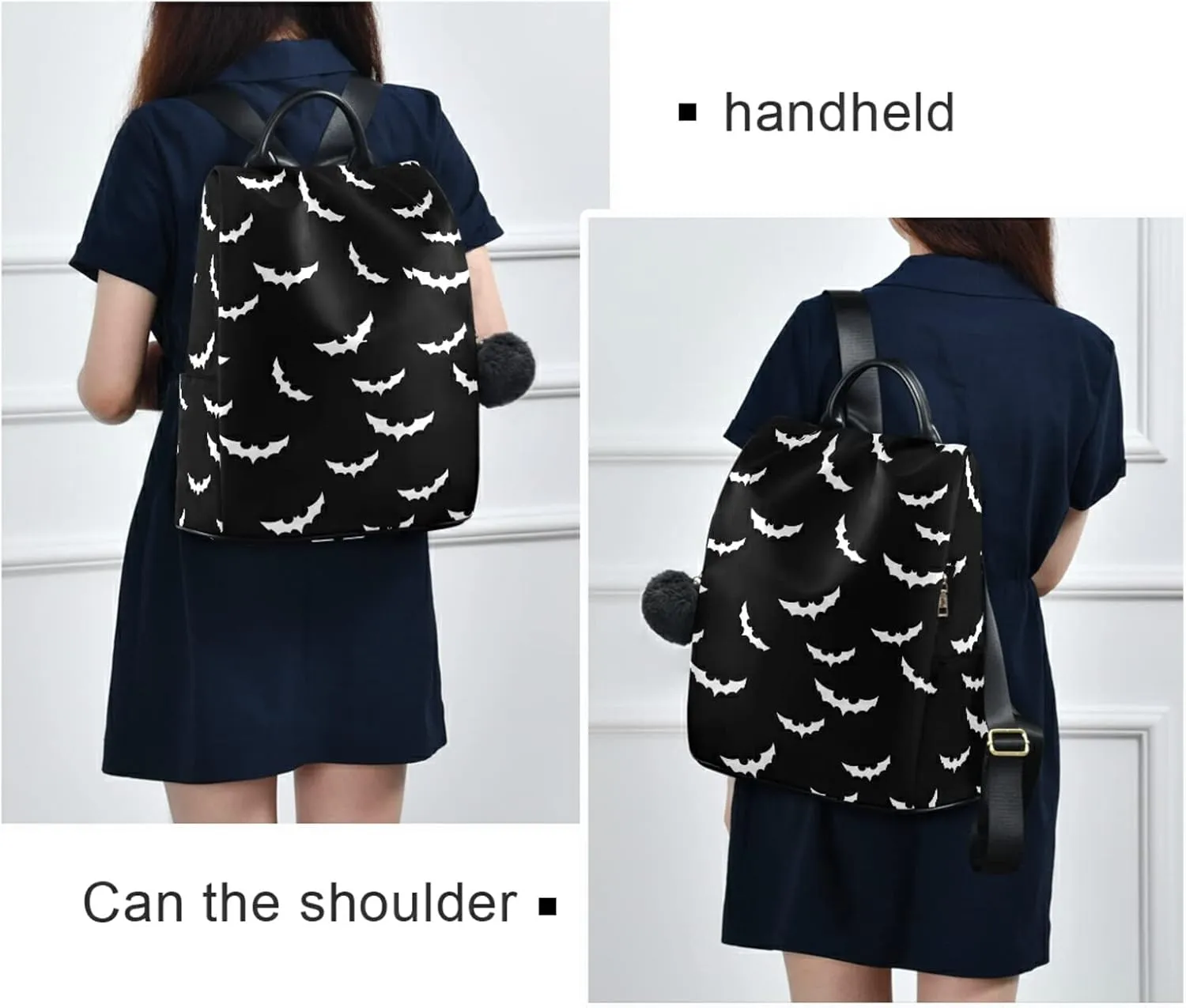 CBBYY Bats Halloween Backpack Purse for Women Nylon Anti-theft Travel Backpack Lightweight Shoulder Bag with Plush Ball Keychain