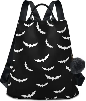 CBBYY Bats Halloween Backpack Purse for Women Nylon Anti-theft Travel Backpack Lightweight Shoulder Bag with Plush Ball Keychain