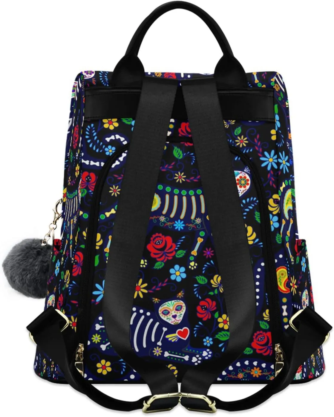 CBBYY Cats and Sugar Skull Backpack Purse for Women Nylon Anti-theft Travel Backpack Lightweight Shoulder Bag with Plush Ball Keychain