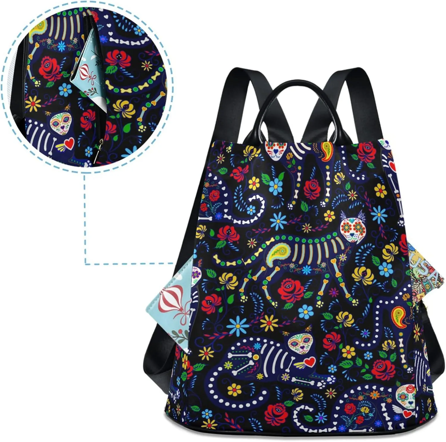 CBBYY Cats and Sugar Skull Backpack Purse for Women Nylon Anti-theft Travel Backpack Lightweight Shoulder Bag with Plush Ball Keychain
