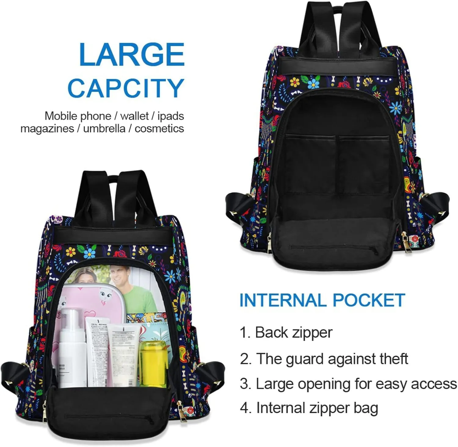 CBBYY Cats and Sugar Skull Backpack Purse for Women Nylon Anti-theft Travel Backpack Lightweight Shoulder Bag with Plush Ball Keychain