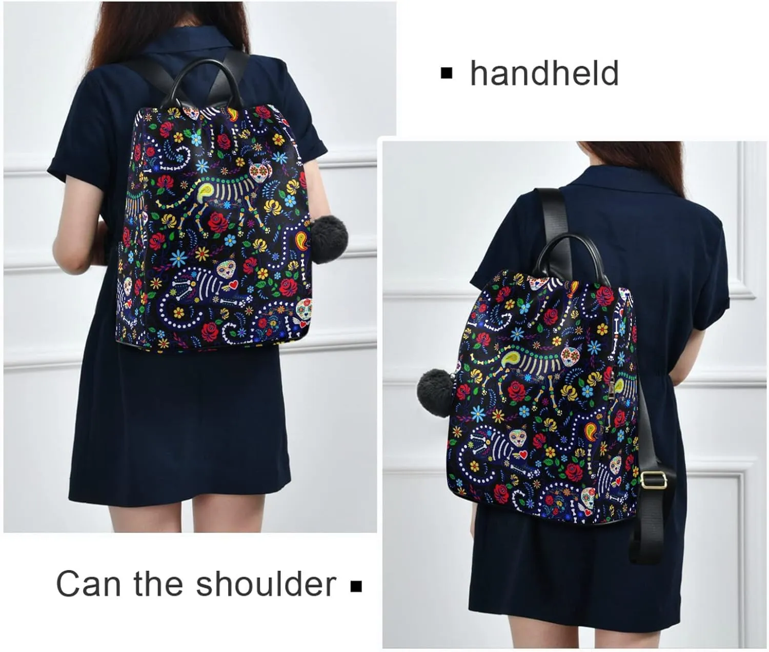 CBBYY Cats and Sugar Skull Backpack Purse for Women Nylon Anti-theft Travel Backpack Lightweight Shoulder Bag with Plush Ball Keychain
