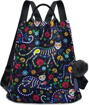 CBBYY Cats and Sugar Skull Backpack Purse for Women Nylon Anti-theft Travel Backpack Lightweight Shoulder Bag with Plush Ball Keychain