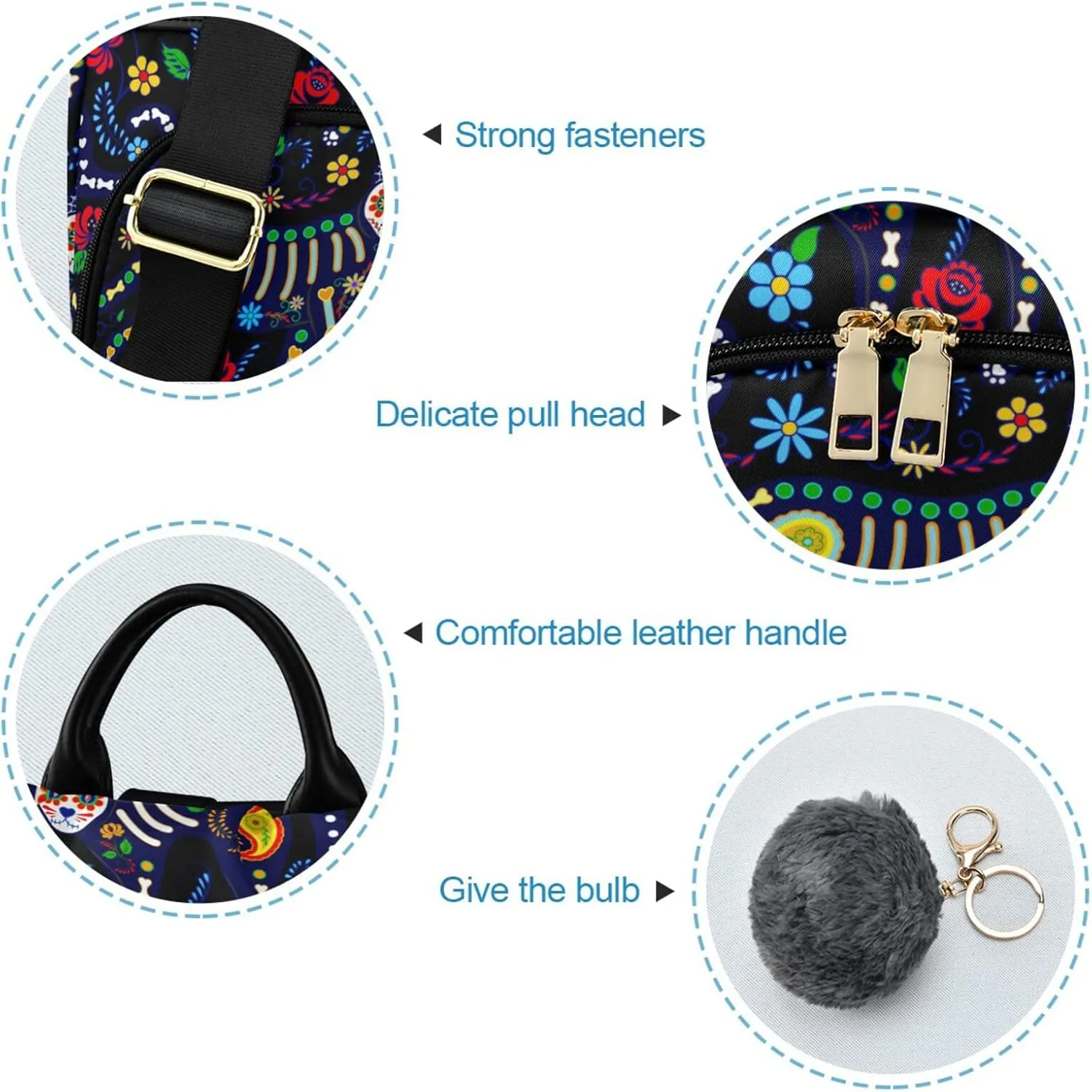 CBBYY Cats and Sugar Skull Backpack Purse for Women Nylon Anti-theft Travel Backpack Lightweight Shoulder Bag with Plush Ball Keychain