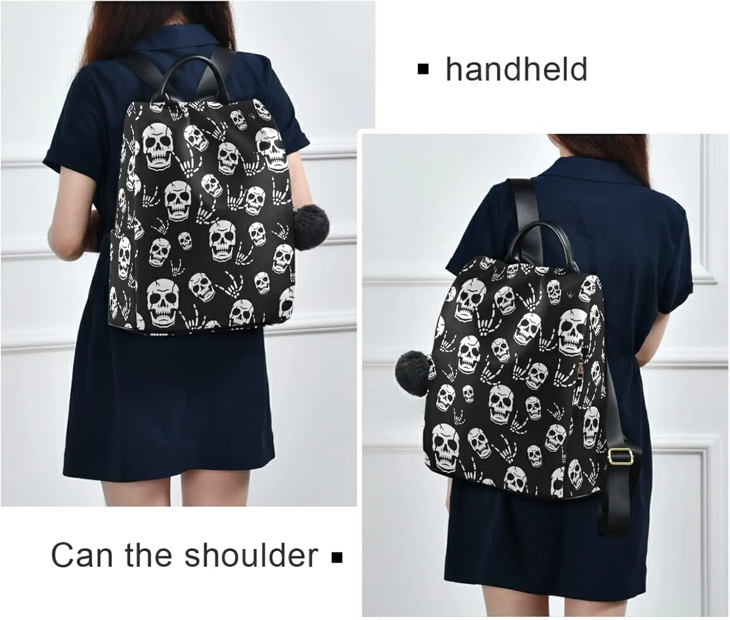 CBBYY Gothic Skeleton Backpack Purse for Women Nylon Anti-theft Travel Backpack Lightweight Shoulder Bag with Plush Ball Keychain
