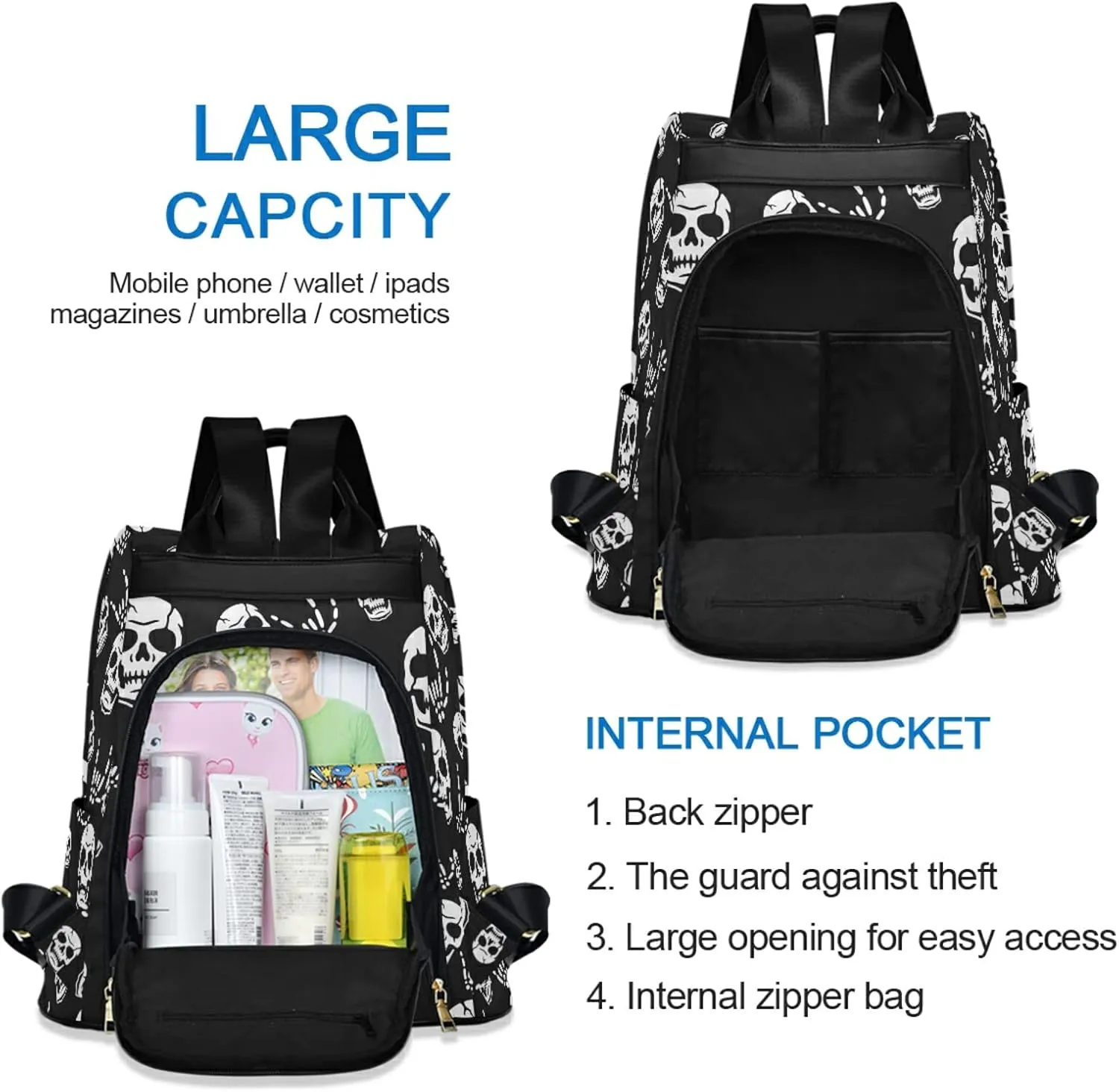 CBBYY Gothic Skeleton Backpack Purse for Women Nylon Anti-theft Travel Backpack Lightweight Shoulder Bag with Plush Ball Keychain