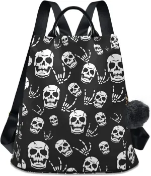 CBBYY Gothic Skeleton Backpack Purse for Women Nylon Anti-theft Travel Backpack Lightweight Shoulder Bag with Plush Ball Keychain