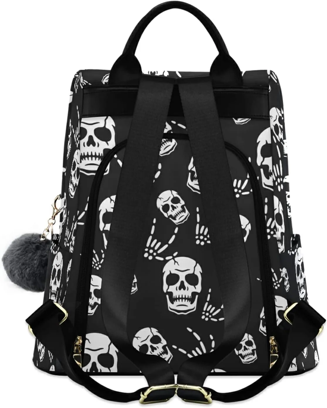 CBBYY Gothic Skeleton Backpack Purse for Women Nylon Anti-theft Travel Backpack Lightweight Shoulder Bag with Plush Ball Keychain