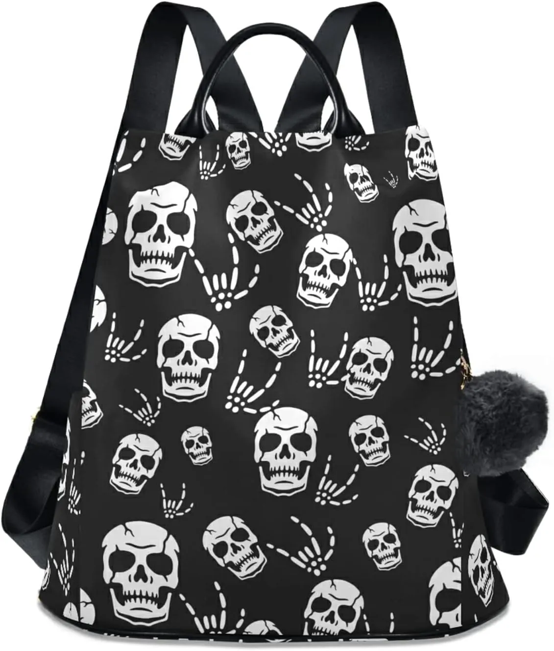 CBBYY Gothic Skeleton Backpack Purse for Women Nylon Anti-theft Travel Backpack Lightweight Shoulder Bag with Plush Ball Keychain