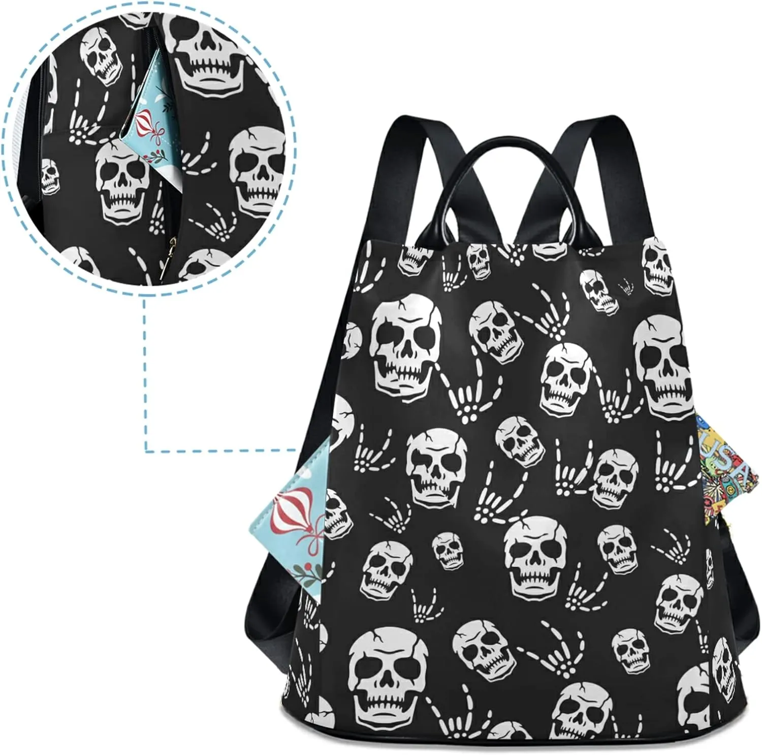 CBBYY Gothic Skeleton Backpack Purse for Women Nylon Anti-theft Travel Backpack Lightweight Shoulder Bag with Plush Ball Keychain