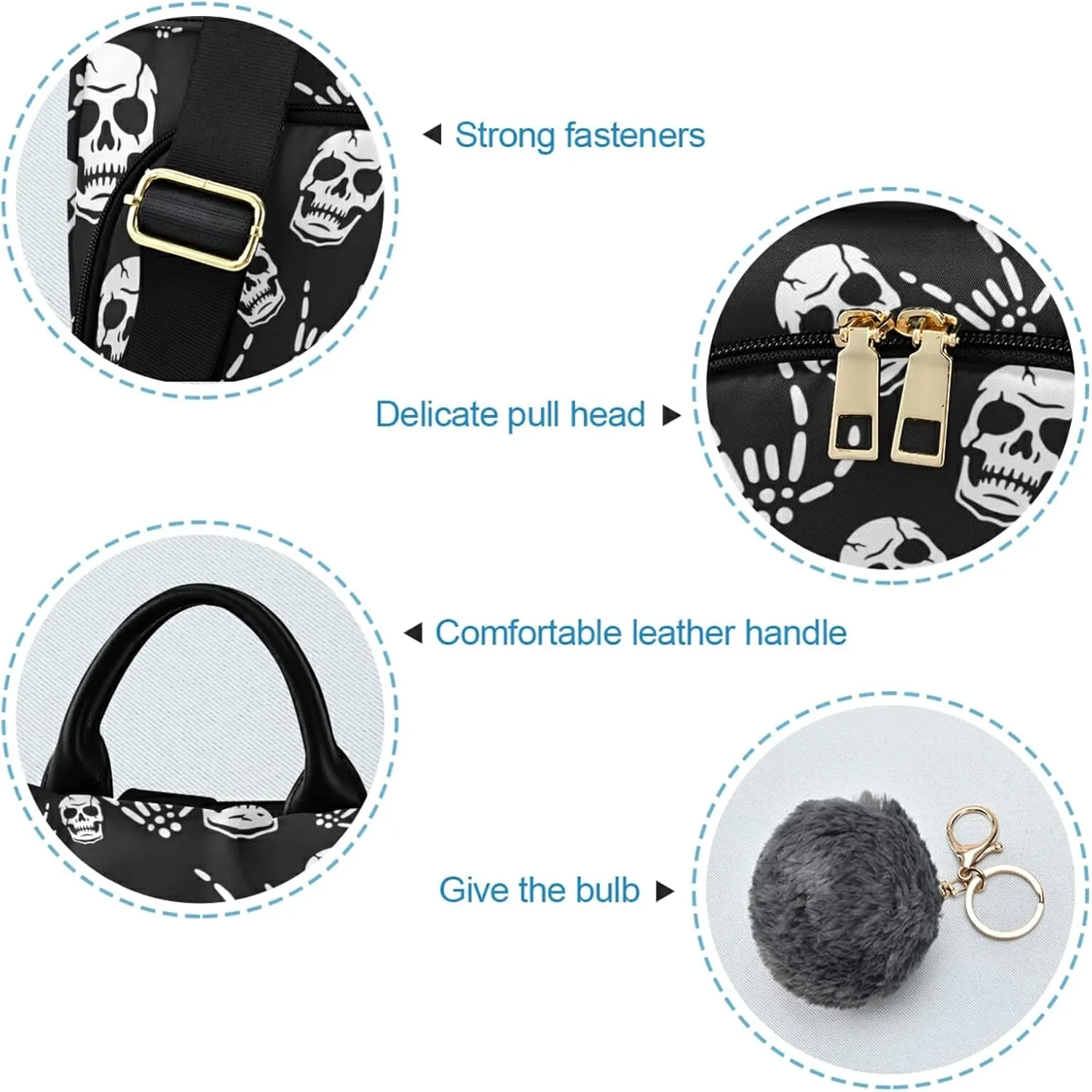 CBBYY Gothic Skeleton Backpack Purse for Women Nylon Anti-theft Travel Backpack Lightweight Shoulder Bag with Plush Ball Keychain