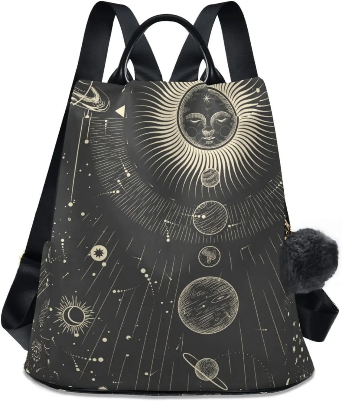 CBBYY Moon And Stars Goth Backpack Purse for Women Nylon Anti-theft Travel Backpack Lightweight Shoulder Bag with Plush Ball Keychain
