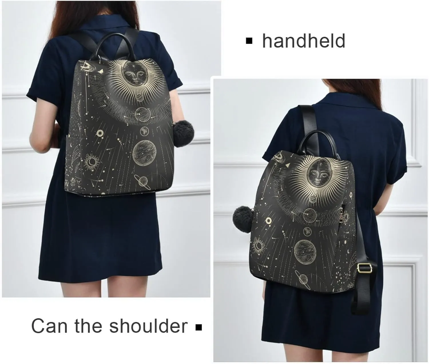 CBBYY Moon And Stars Goth Backpack Purse for Women Nylon Anti-theft Travel Backpack Lightweight Shoulder Bag with Plush Ball Keychain