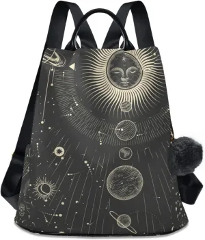 CBBYY Moon And Stars Goth Backpack Purse for Women Nylon Anti-theft Travel Backpack Lightweight Shoulder Bag with Plush Ball Keychain