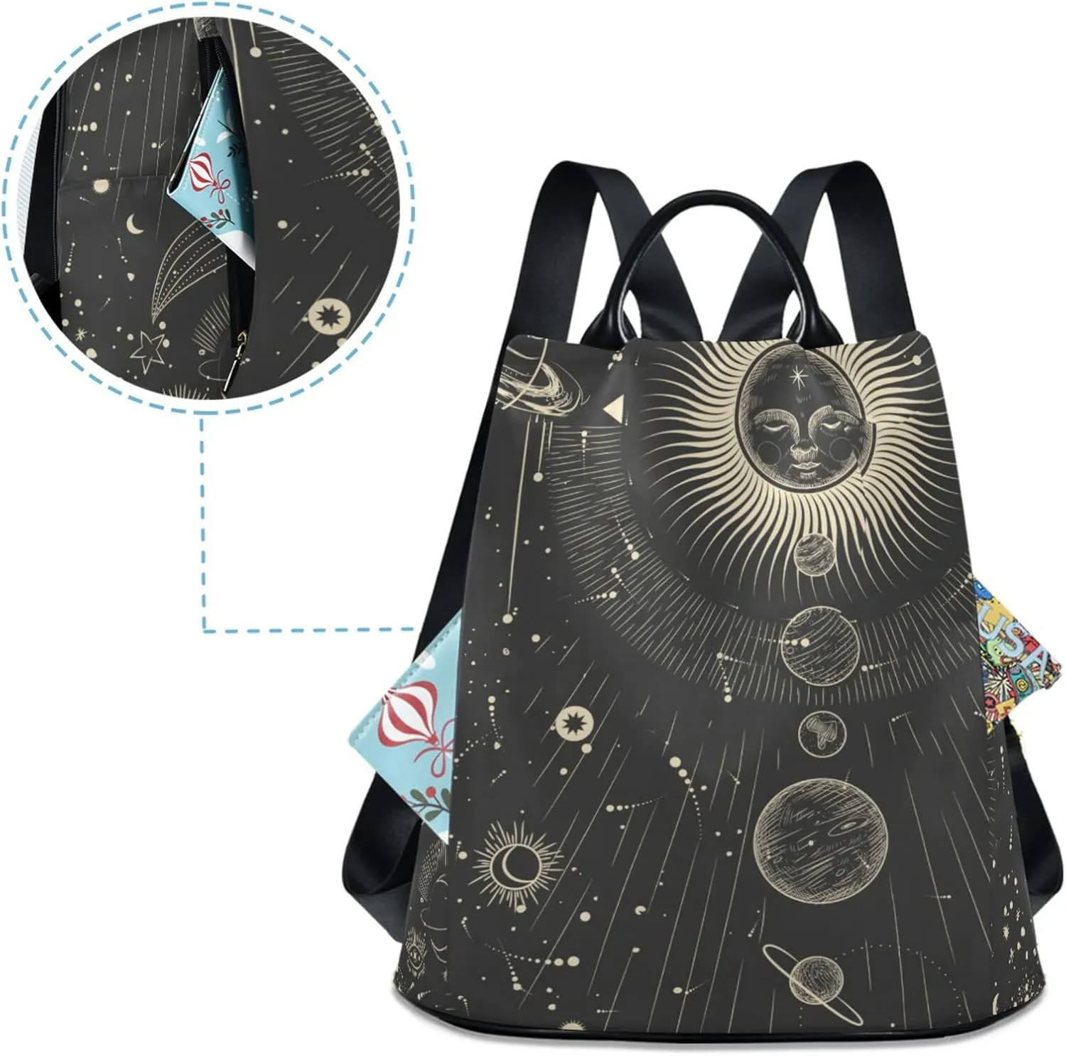 CBBYY Moon And Stars Goth Backpack Purse for Women Nylon Anti-theft Travel Backpack Lightweight Shoulder Bag with Plush Ball Keychain