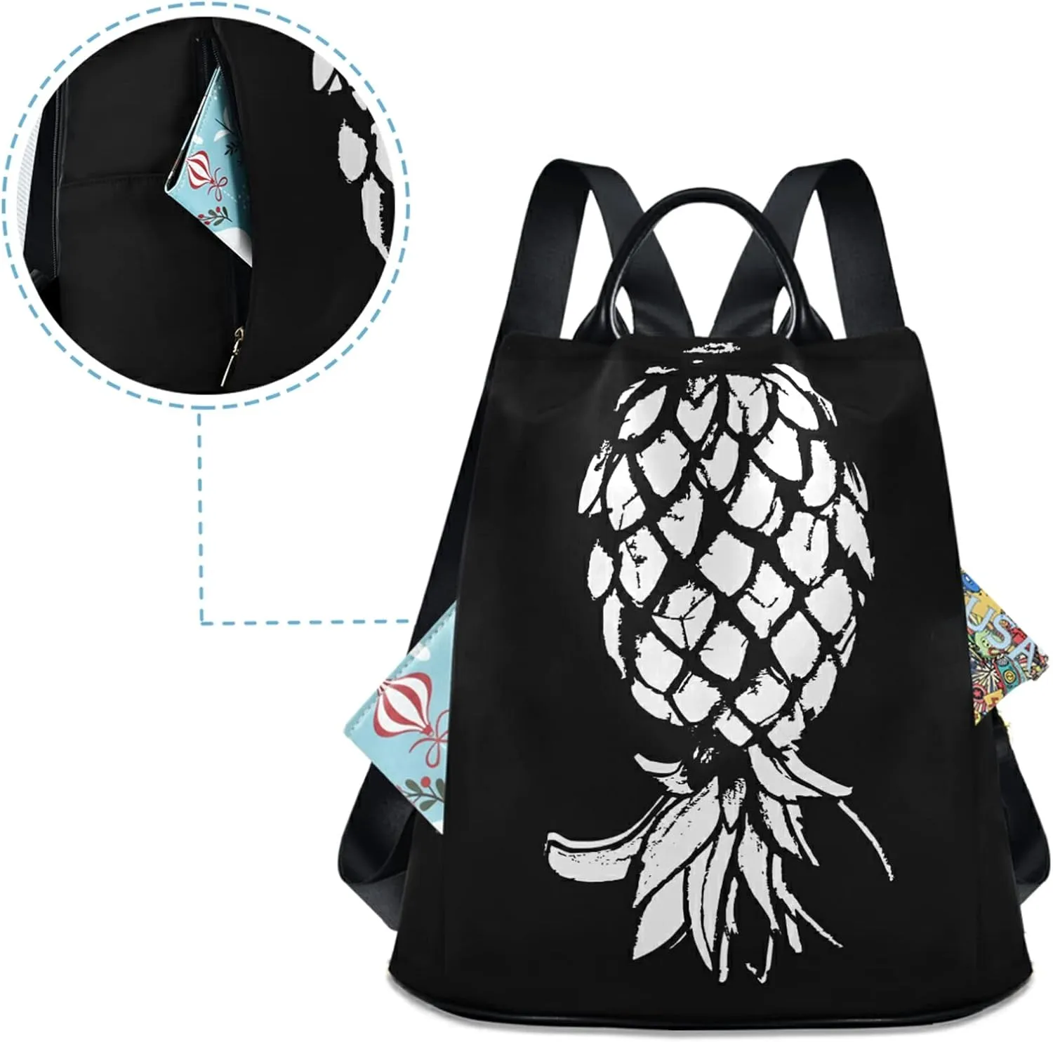 CBBYY Upside Down Pineapple Backpack Purse for Women Nylon Anti-theft Travel Backpack Lightweight Shoulder Bag with Plush Ball Keychain