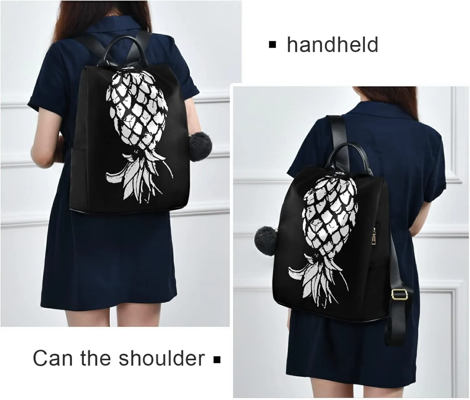 CBBYY Upside Down Pineapple Backpack Purse for Women Nylon Anti-theft Travel Backpack Lightweight Shoulder Bag with Plush Ball Keychain