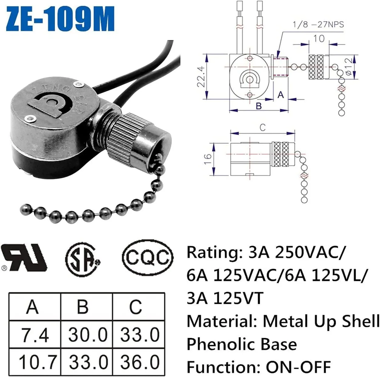 Ceiling Pull Chain Switch ZE-109M Zing Ear Metal Pull Chain Light Switch ON-Off Pull Chain Switch Ceiling Fan Lamp Light Switch (Black Bronze)