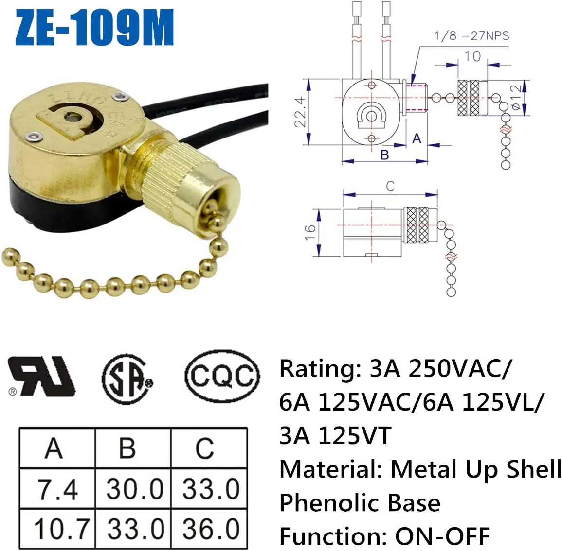 Ceiling Pull Chain Switch ZE-109M Zing Ear Metal Pull Chain Light Switch ON-Off Pull Chain Switch Ceiling Fan Lamp Light Switch (Brass)