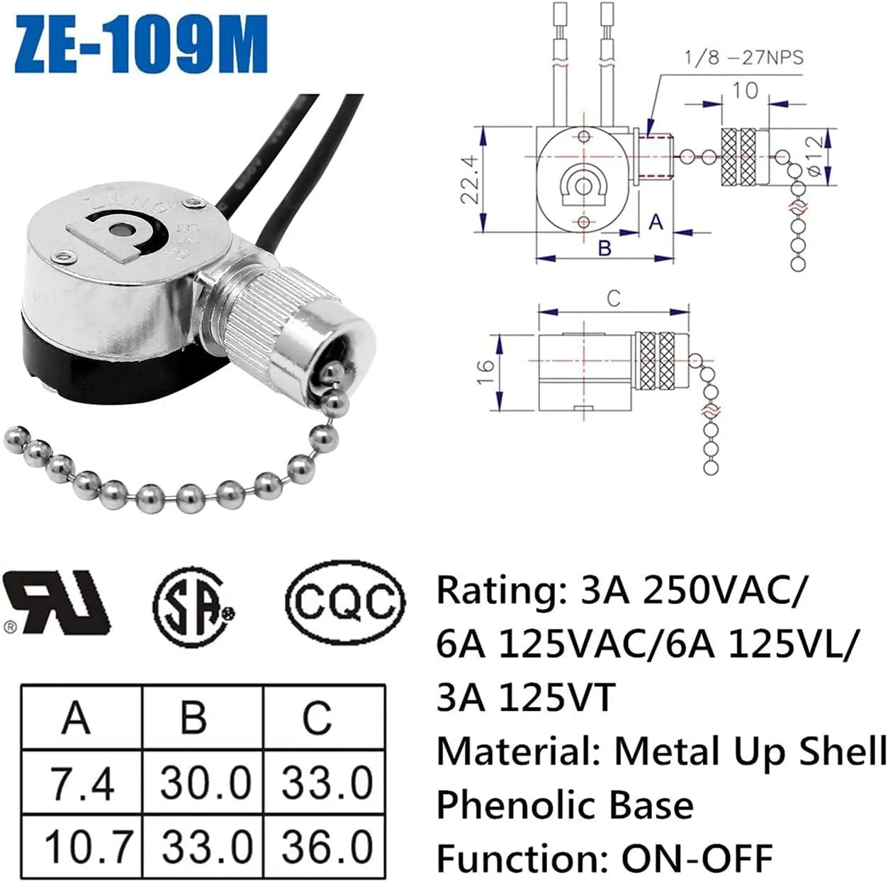 Ceiling Pull Chain Switch ZE-109M Zing Ear Metal Pull Chain Light Switch ON-Off Pull Chain Switch Ceiling Fan Lamp Light Switch (Nickel)