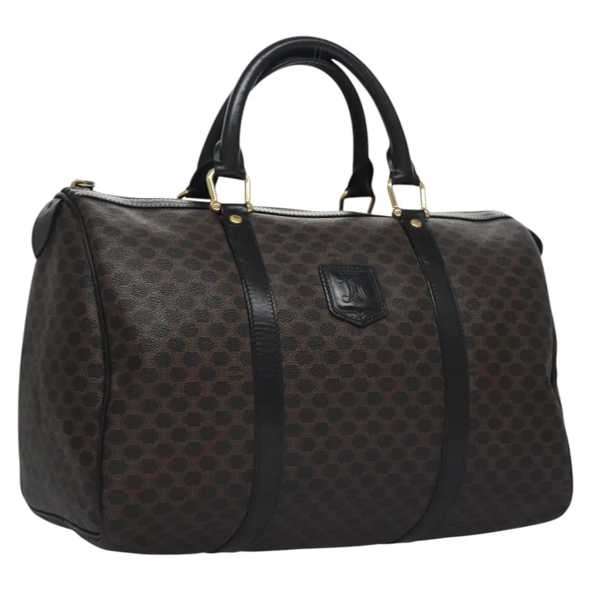 CELINE Macadam Canvas Boston Bag PVC Leather Black Gold Auth am7947