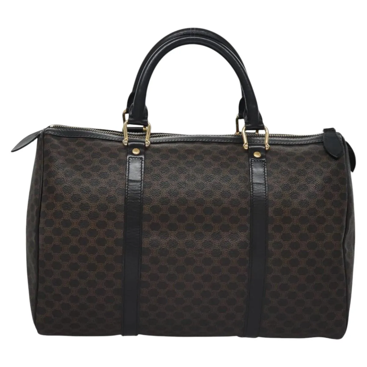 CELINE Macadam Canvas Boston Bag PVC Leather Black Gold Auth am7947
