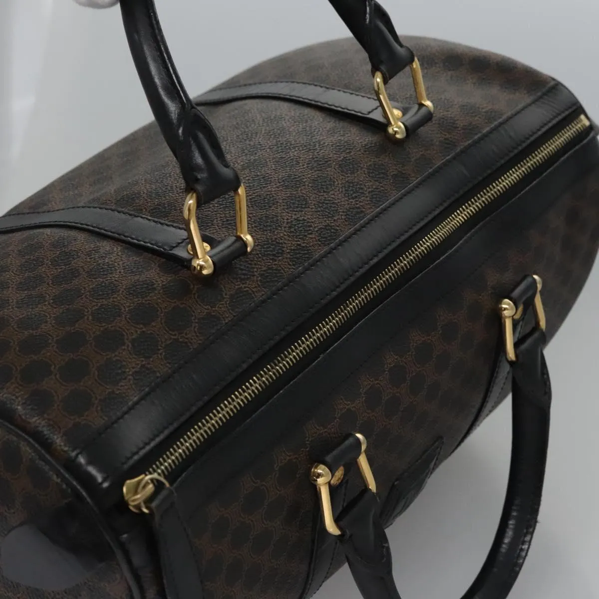 CELINE Macadam Canvas Boston Bag PVC Leather Black Gold Auth am7947