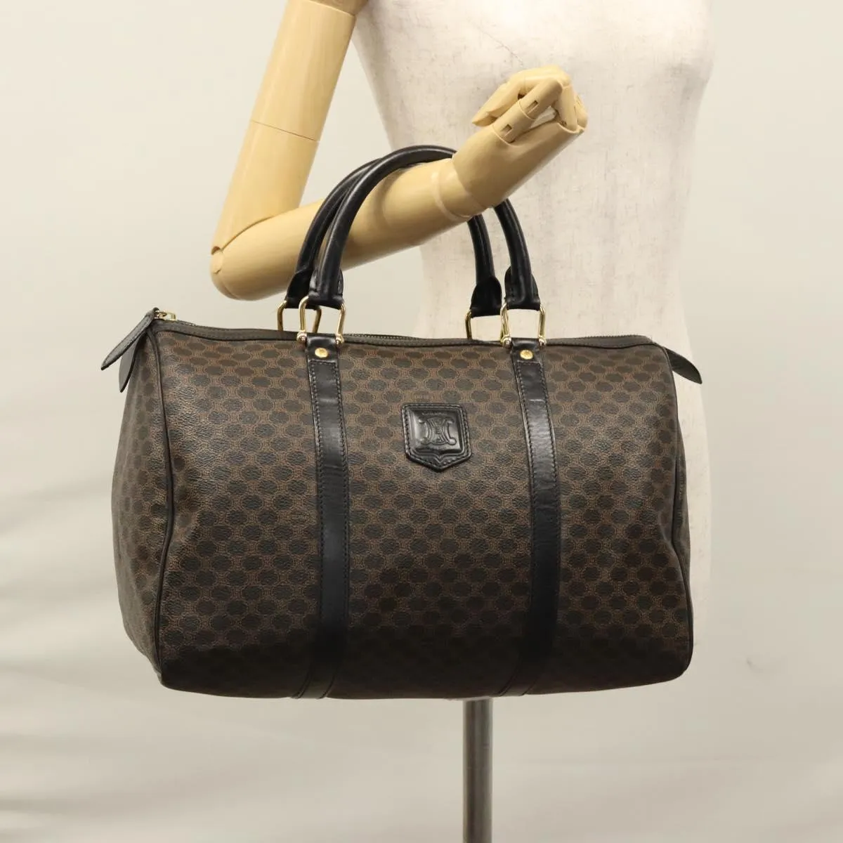 CELINE Macadam Canvas Boston Bag PVC Leather Black Gold Auth am7947