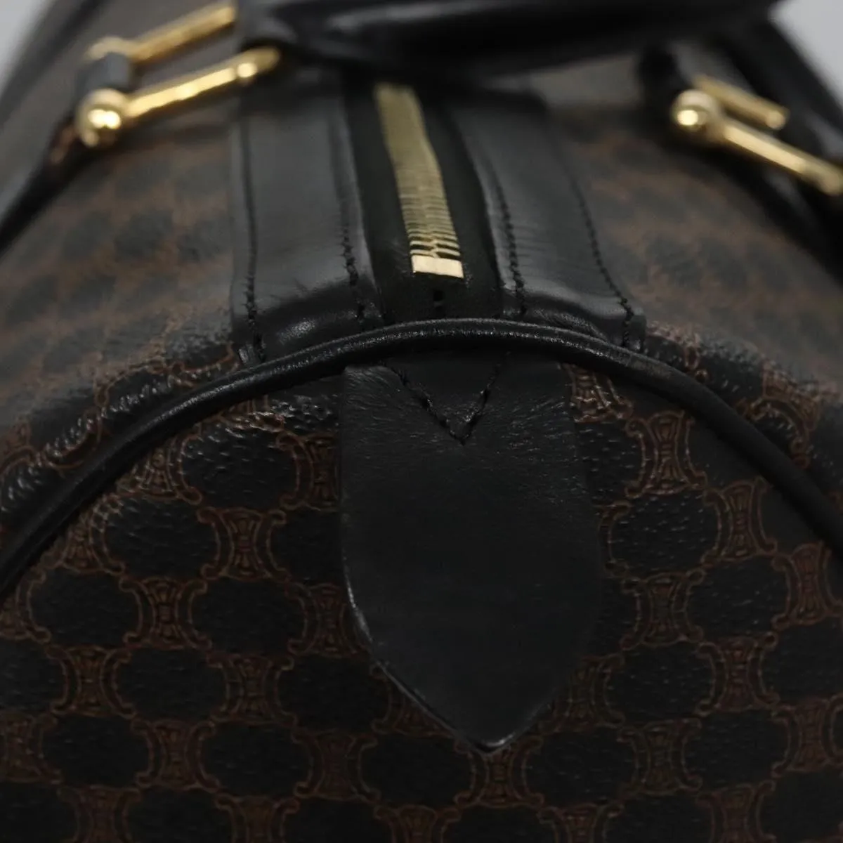 CELINE Macadam Canvas Boston Bag PVC Leather Black Gold Auth am7947