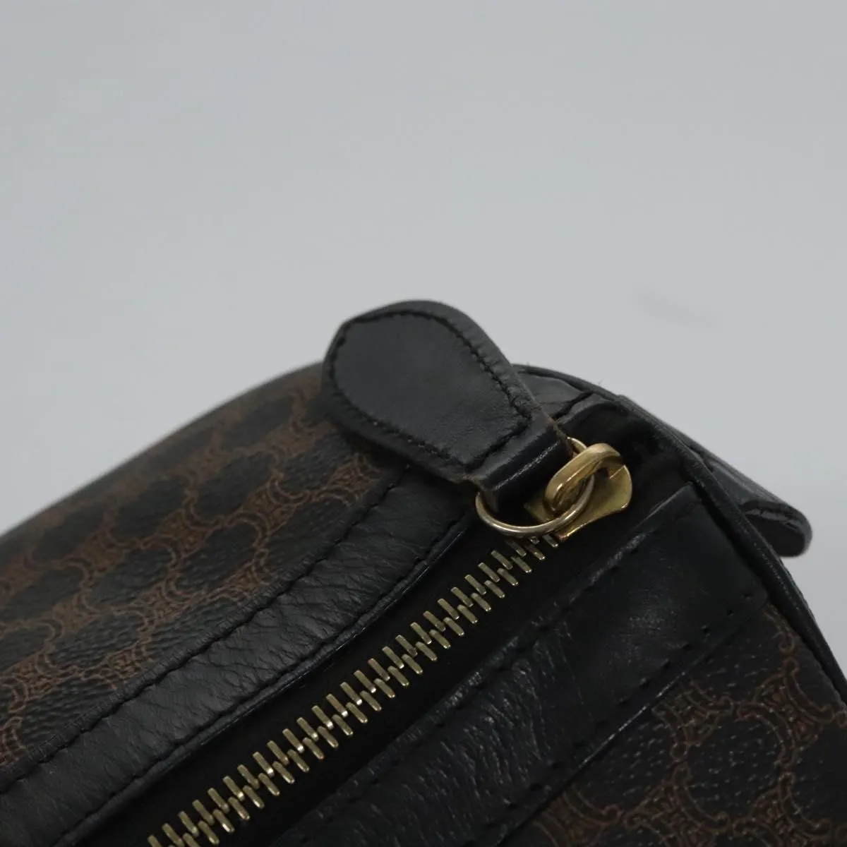 CELINE Macadam Canvas Boston Bag PVC Leather Black Gold Auth am7947