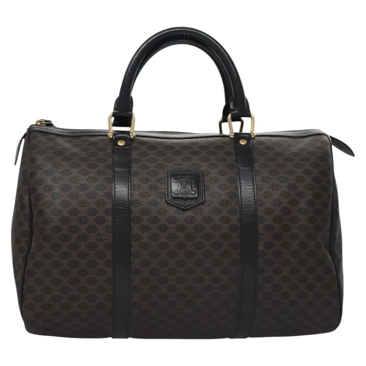 CELINE Macadam Canvas Boston Bag PVC Leather Black Gold Auth am7947