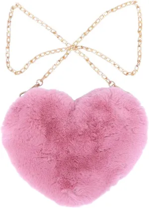 Cellphone Purse Plush Heart Shaped Crossbody Bag with Chain Cute Fluffy Shoulder Bag for Women Ladies- Rubber red