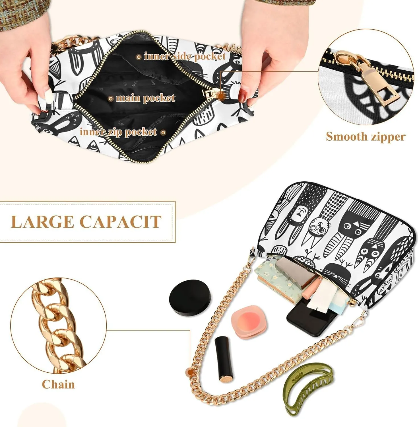 Chain Shoulder Purse Bag with Zipper Pocket for Women Mini Small Hobo Tote Clutch Handbags with Gold Chain Strap